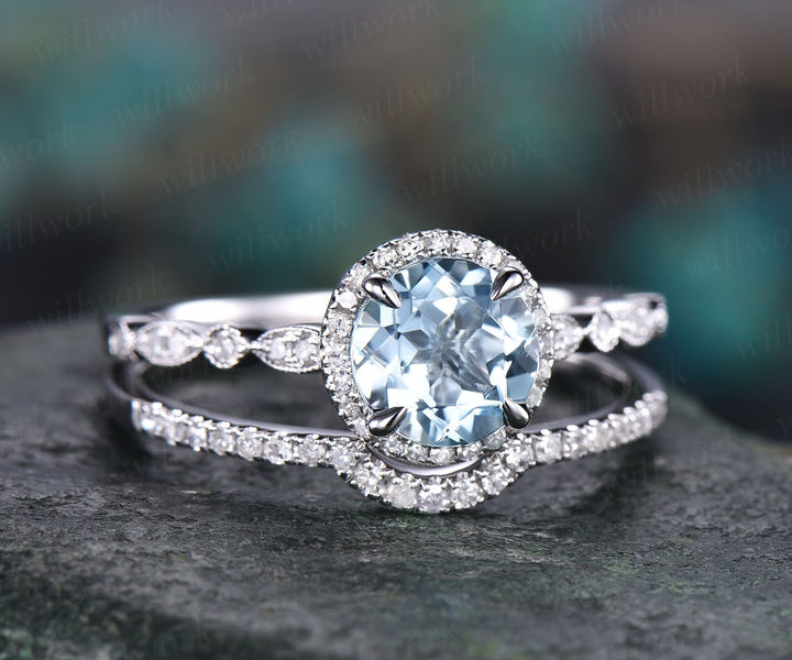 Vintage Blue Aquamarine Engagement Ring Set Solid 14k Rose Gold Handmade Art Deco Arched Diamond Rng Wedding Ring Set March Birthstone Ring