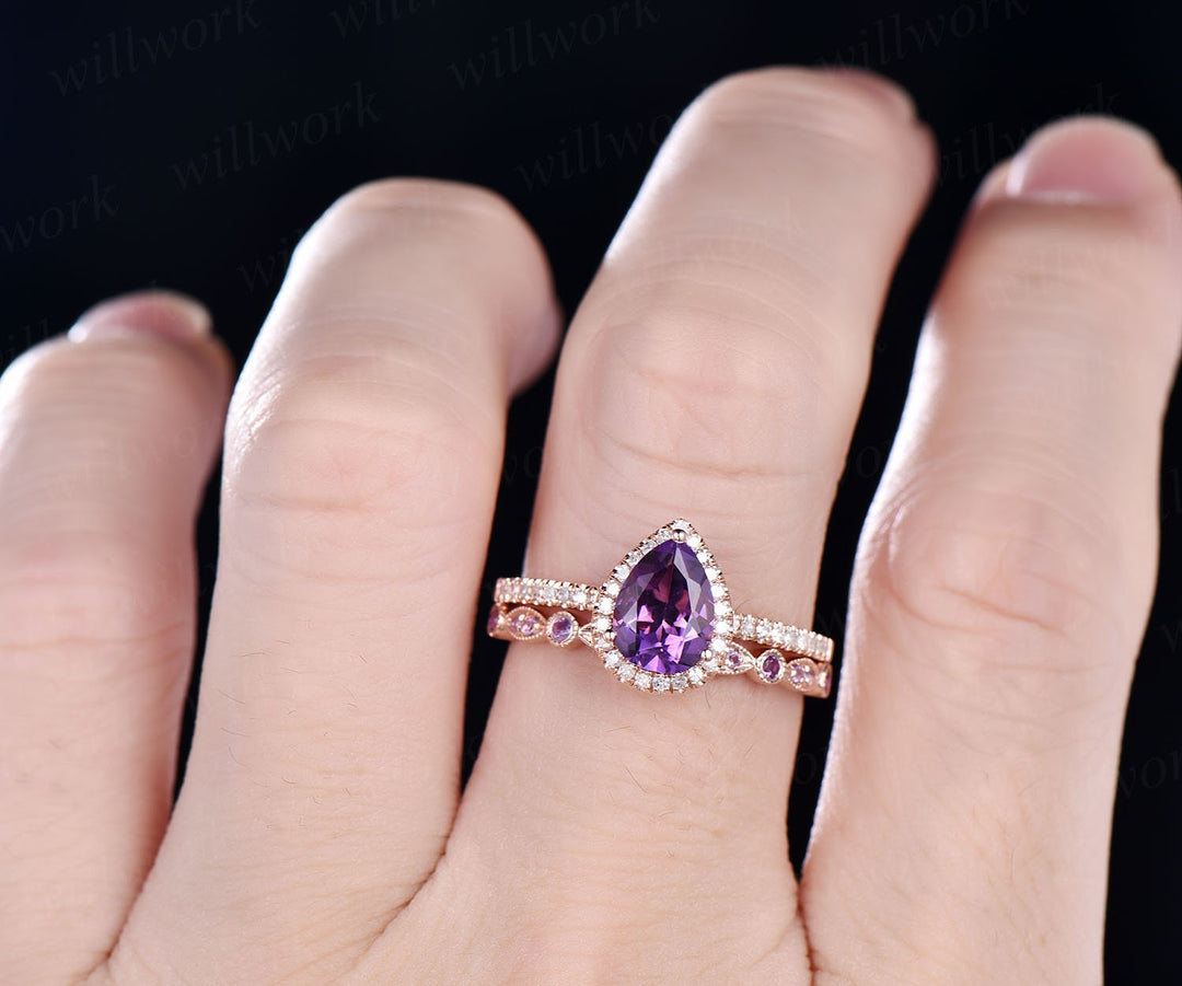 Amethyst engagement ring solid 14k White rose gold pear cut engagement ring amethyst wedding ring 2pc bridal set birthstone anniversary gift