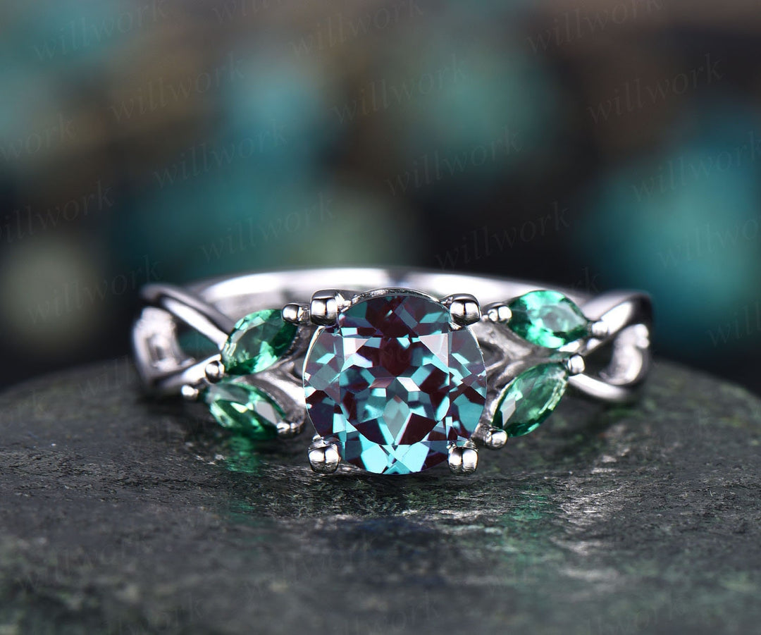 Unique engagement ring vintage engagement ring Alexandrite engagement ring white gold marquise emerald ring gold wedding anniversary gift