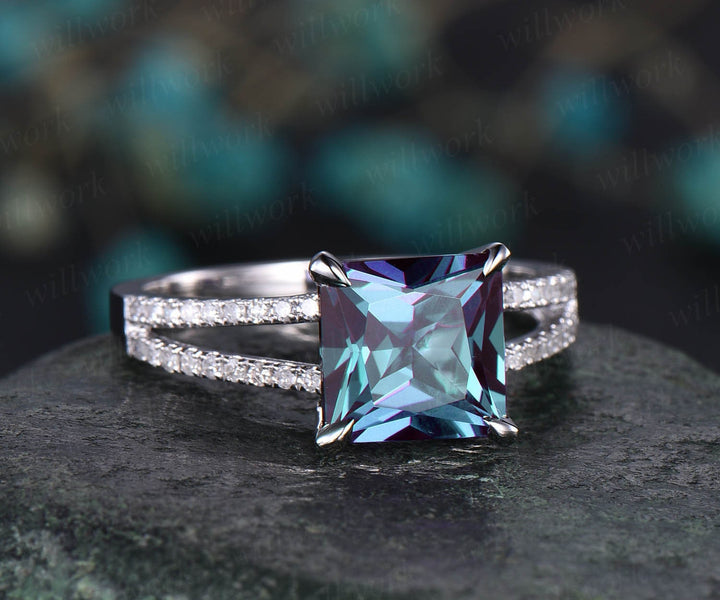 Alexandrite ring vintage Alexandrite engagement ring rose gold unique princess cut engagement ring split shank diamond wedding ring women
