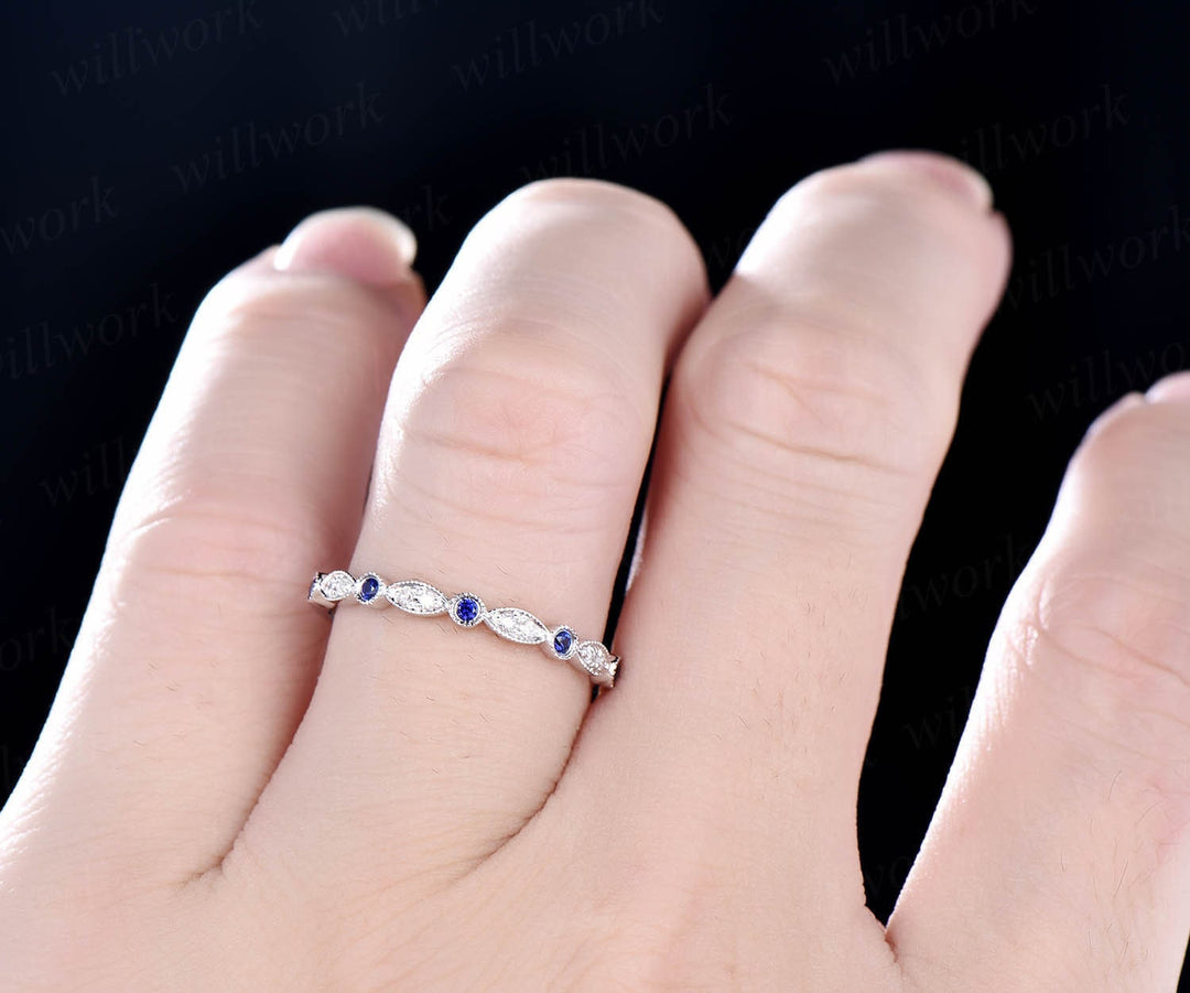 Art deco natural sapphire ring rose gold women marquise ring setting Milgrain vintage diamond wedding ring band September birthstone ring