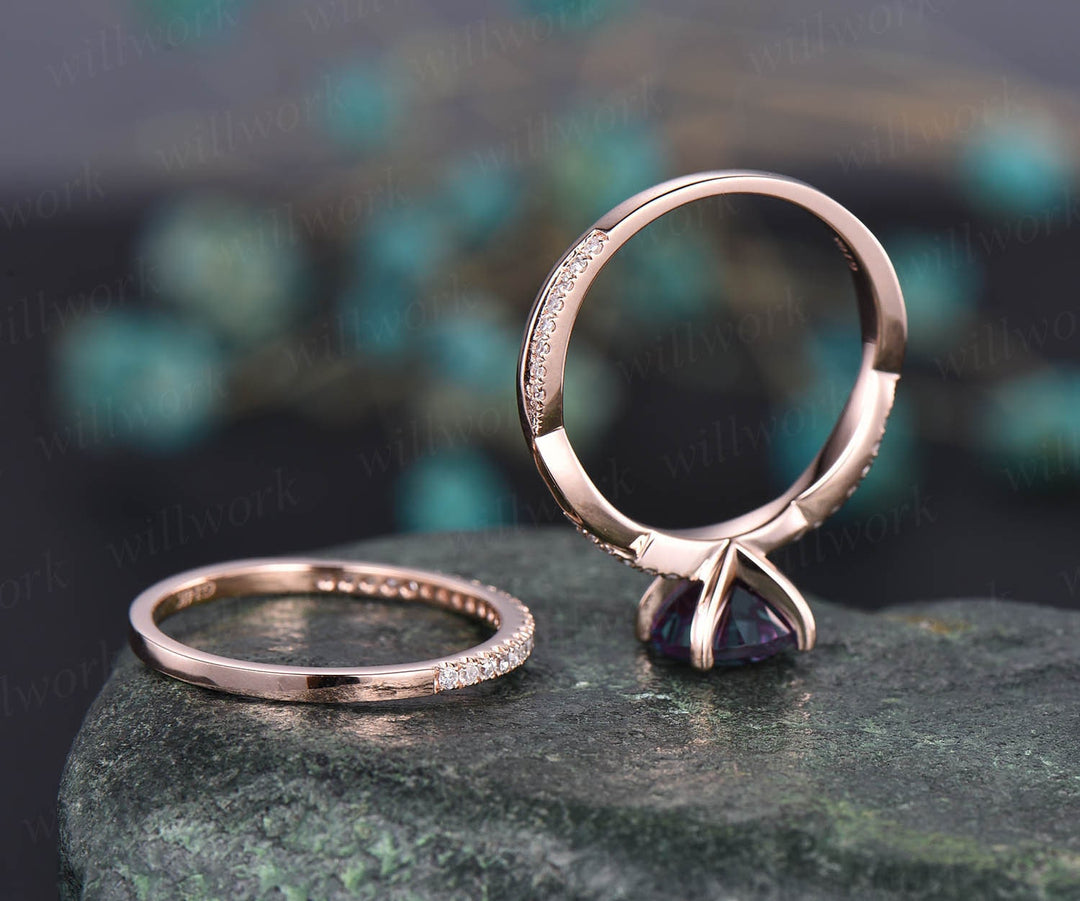 2pcs diamond ring Alexandrite engagement ring set rose gold twisted 3/4 eternity Alexandrite ring vintage wedding bridal set unique jewelry