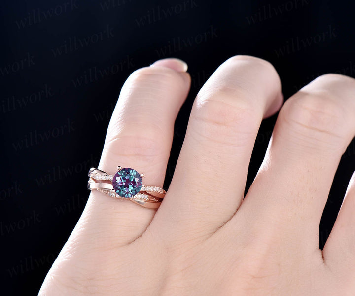Vintage unique engagement ring 2pcs Alexandrite engagement ring set 14k rose gold full eternity diamond ring promise bridal wedding ring set
