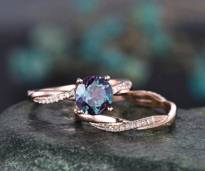 Vintage unique engagement ring 2pcs Alexandrite engagement ring set 14k rose gold full eternity diamond ring promise bridal wedding ring set