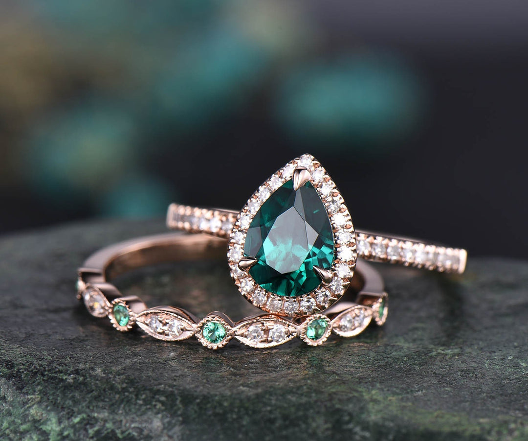 2pcs emerald bridal set unique vintage engagement ring pear emerald engagement ring set rose gold natural emerald wedding ring band jewelry