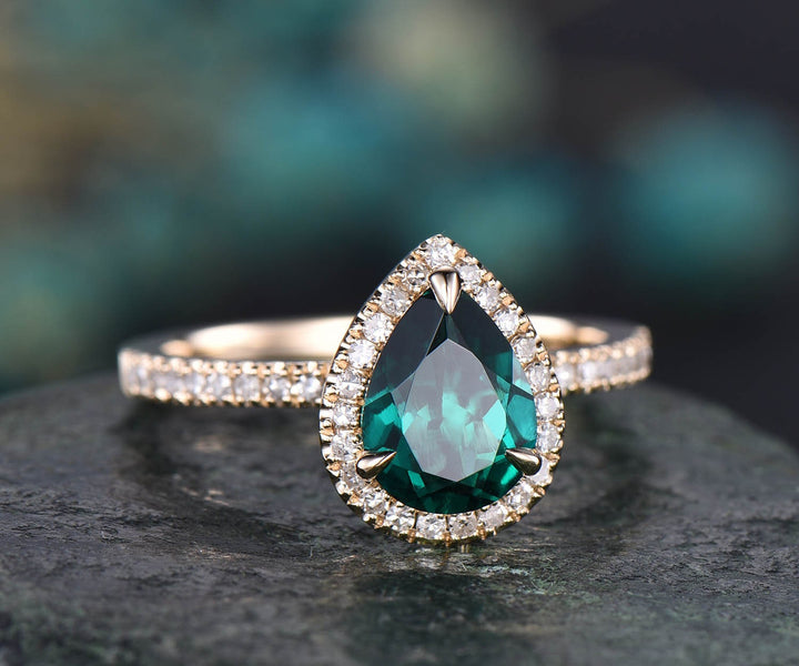 Only the green emerald engagement ring solid 14k rose gold ring diamond halo ring emerald ring rose gold green gemstone May birthstoner ring
