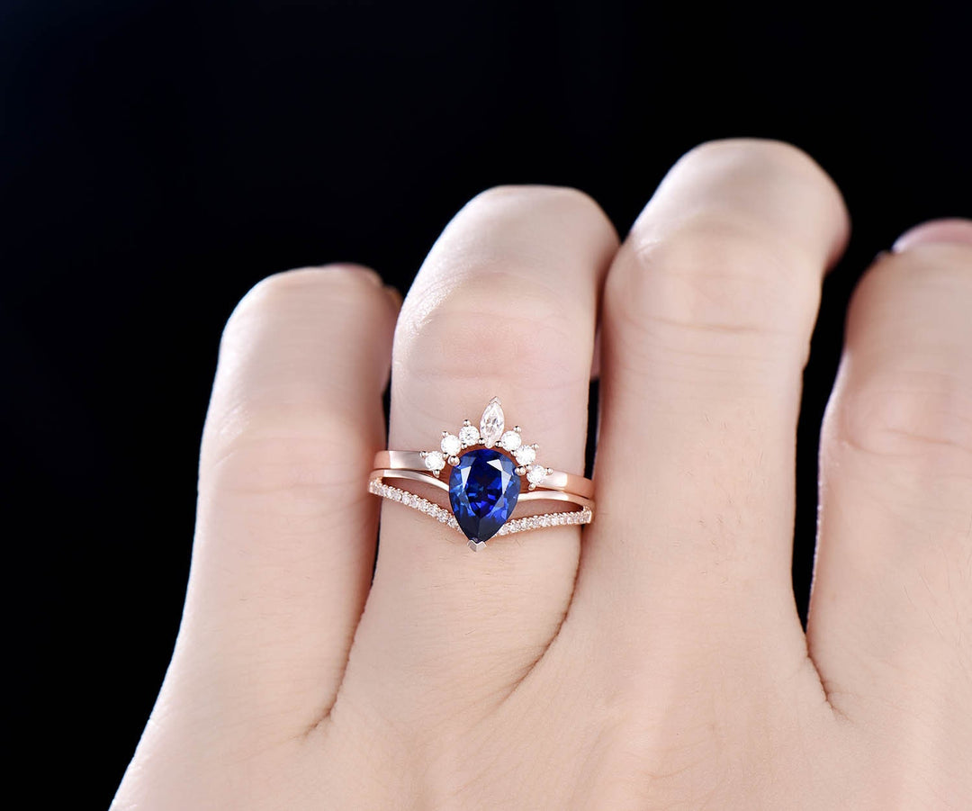 6x8mm 2pc sapphire bridal set sapphire engagement ring set yellow rose gold art deco moissanite crown ring band diamond wedding ring gift