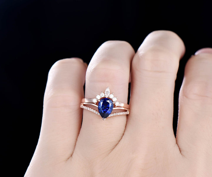 6x8mm 2pc sapphire bridal set sapphire engagement ring set yellow rose gold art deco moissanite crown ring band diamond wedding ring gift