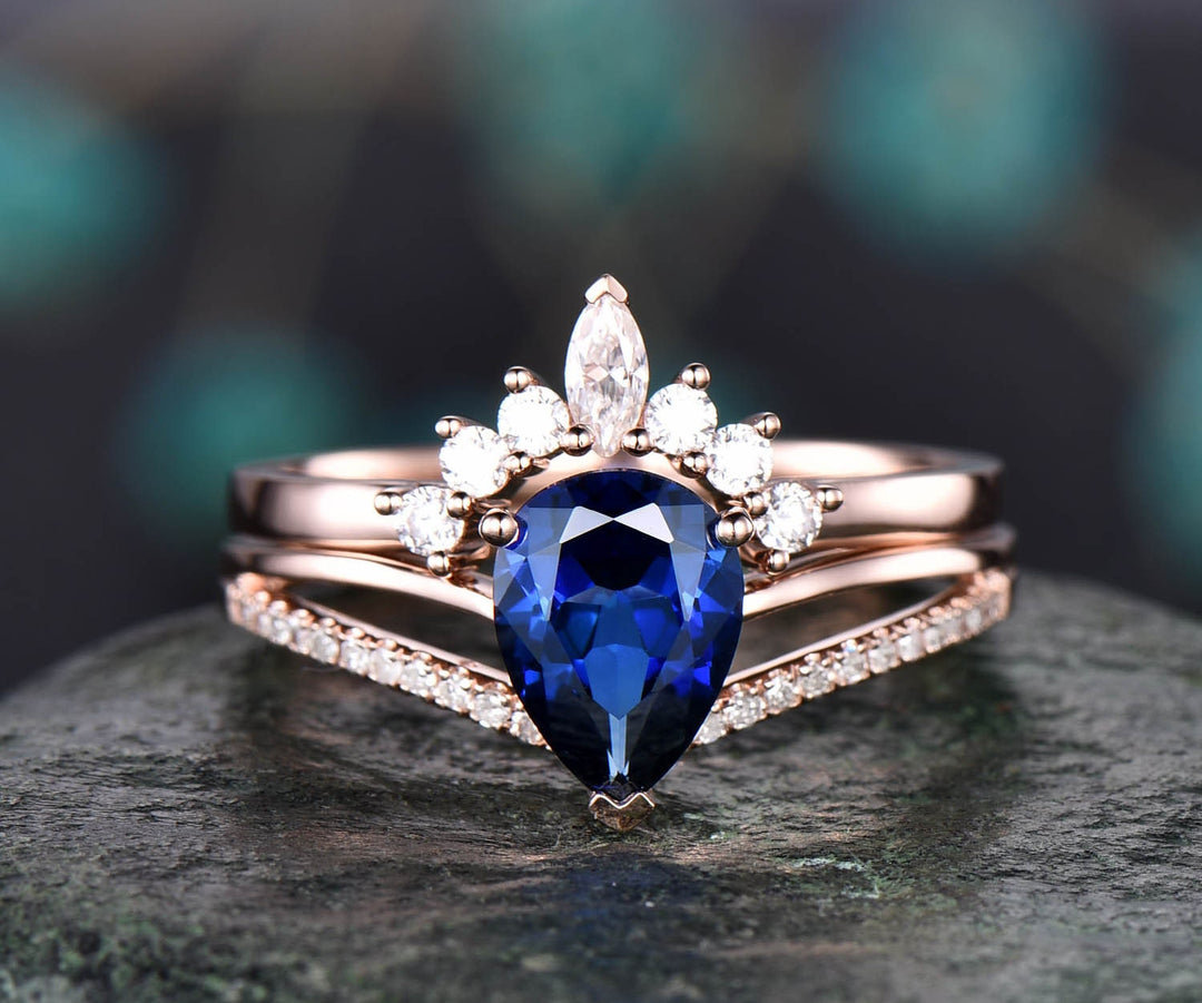 6x8mm 2pc sapphire bridal set sapphire engagement ring set yellow rose gold art deco moissanite crown ring band diamond wedding ring gift