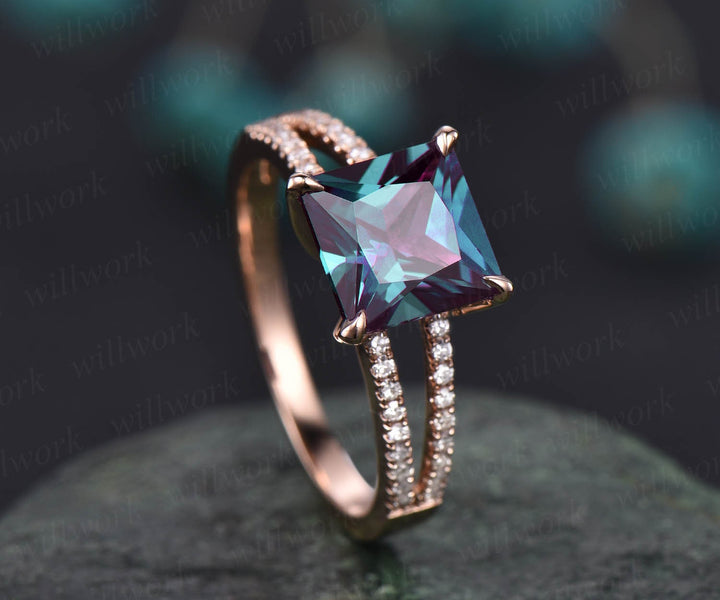 Alexandrite ring vintage Alexandrite engagement ring rose gold unique princess cut engagement ring split shank diamond wedding ring women