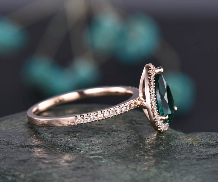 6x9mm Pear cut emerald engagement ring rose gold diamond halo vintage unique engagement ring May birthstone ring wedding anniversary gift