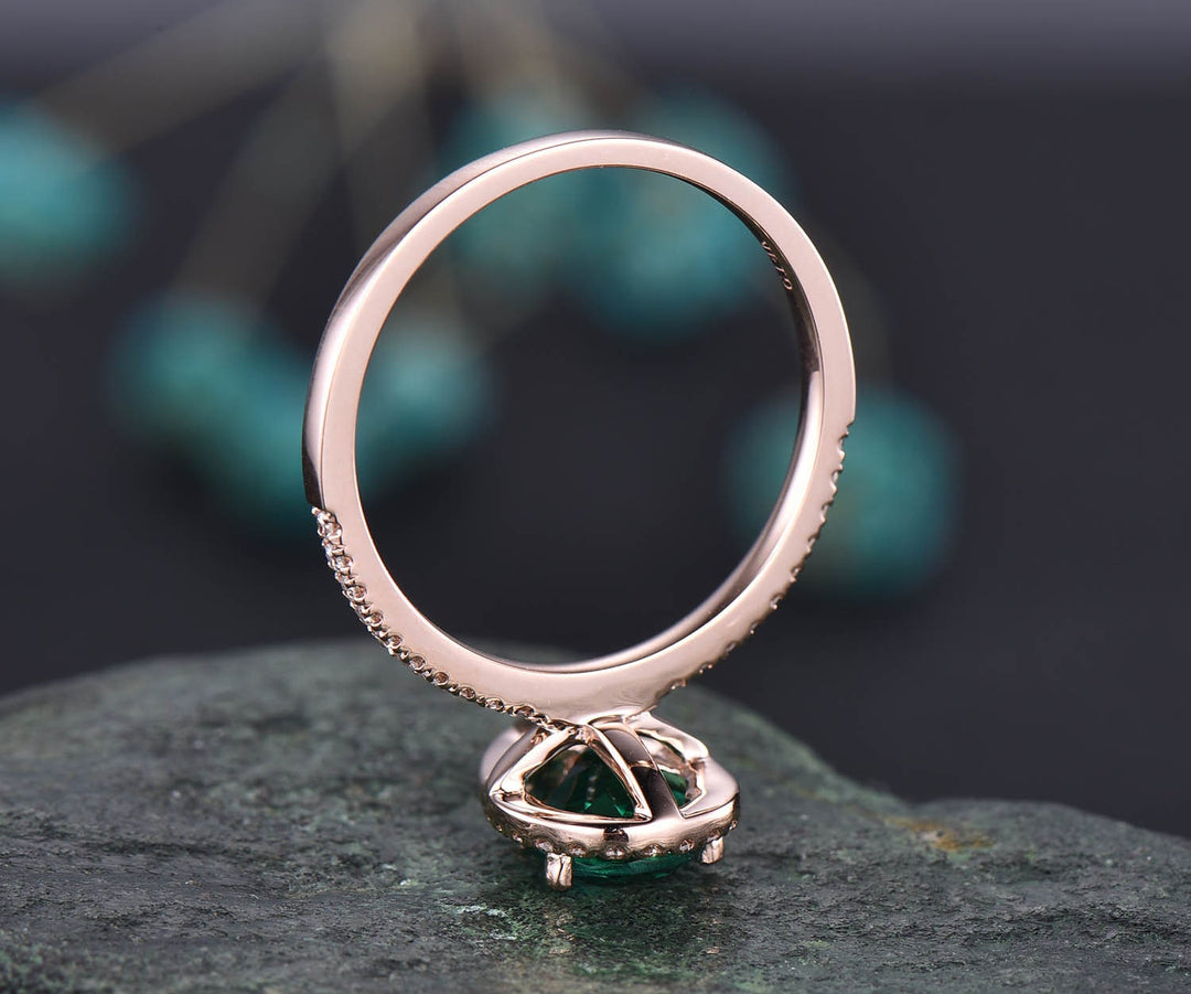 6x9mm Pear cut emerald engagement ring rose gold diamond halo vintage unique engagement ring May birthstone ring wedding anniversary gift