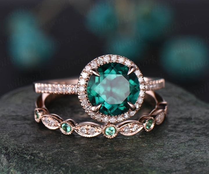 2pcs 8mm round Lab treated emerald engagement ring set rose gold natural emerald diamond wedding band vintage wedding bridal ring set gift