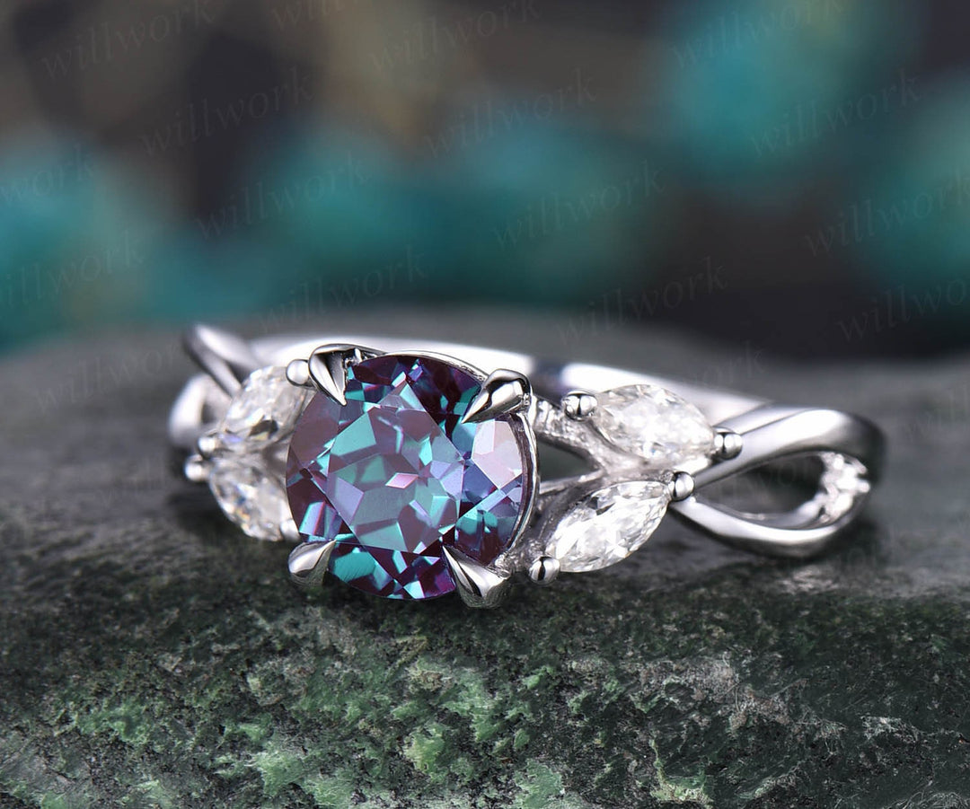 Marquise moissanite ring round Color change Alexandrite engagement ring white rose gold art deco unique antique engagement ring jewelry gift