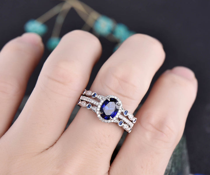 3pcs blue sapphire ring vintage sapphire engagement ring set rose gold for women diamond halo natural sapphire wedding band bridal ring set