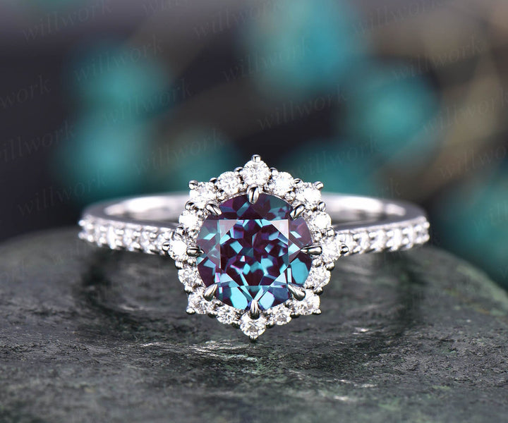 Round alexandrite engagement ring set rose gold moissanite halo unique vintage engagement ring diamond anniversary wedding ring set gifts