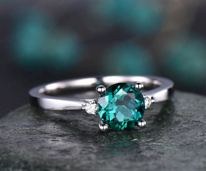 Three stone emerald engagement ring rose gold emerald ring gold diamond ring may birthstone antique Lab emerald wedding bridal promise ring