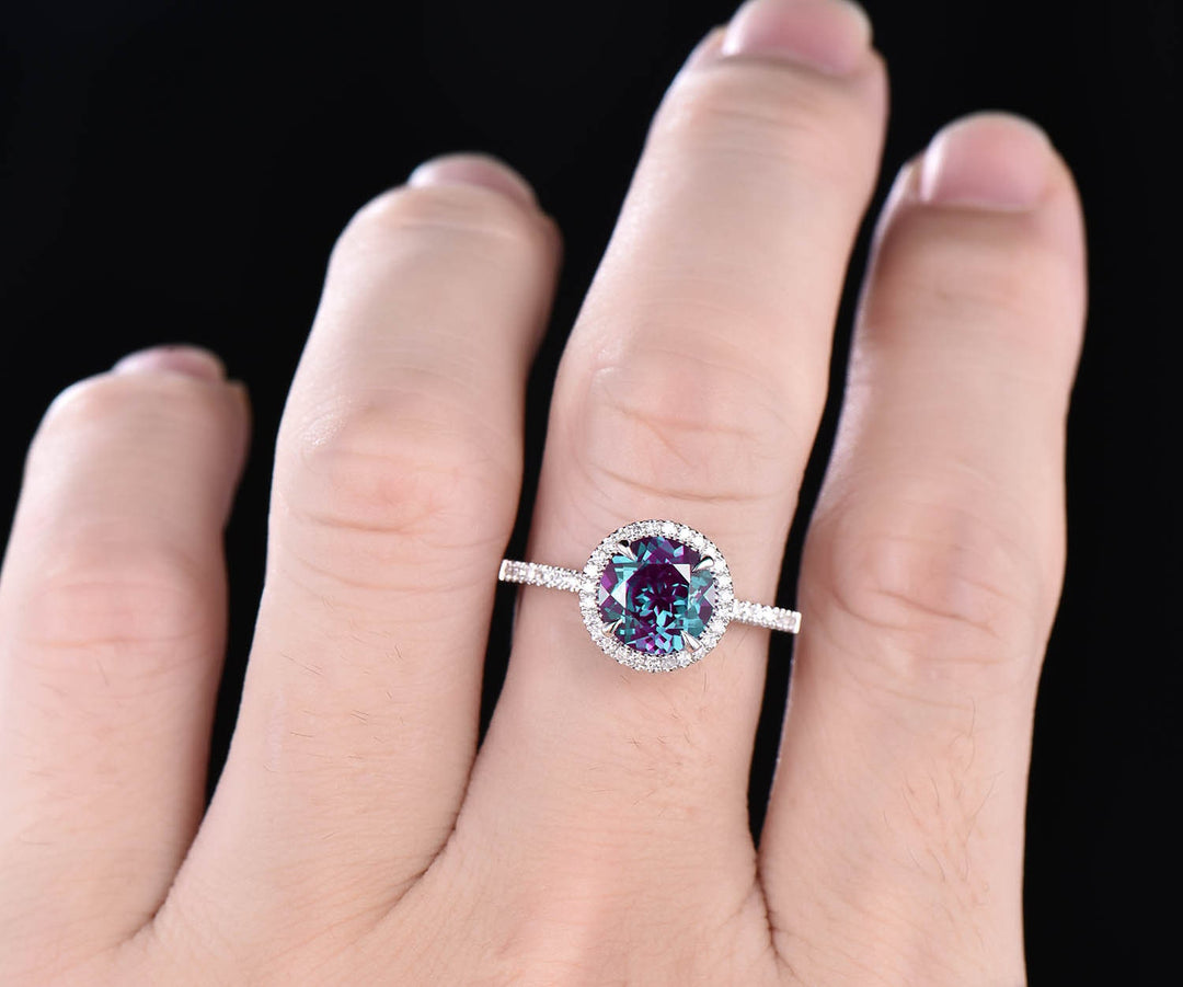 Diamond halo ring unique Alexandrite engagement ring rose gold 8mm round cut Alexandrite ring vintage June birthstone ring anniversary ring
