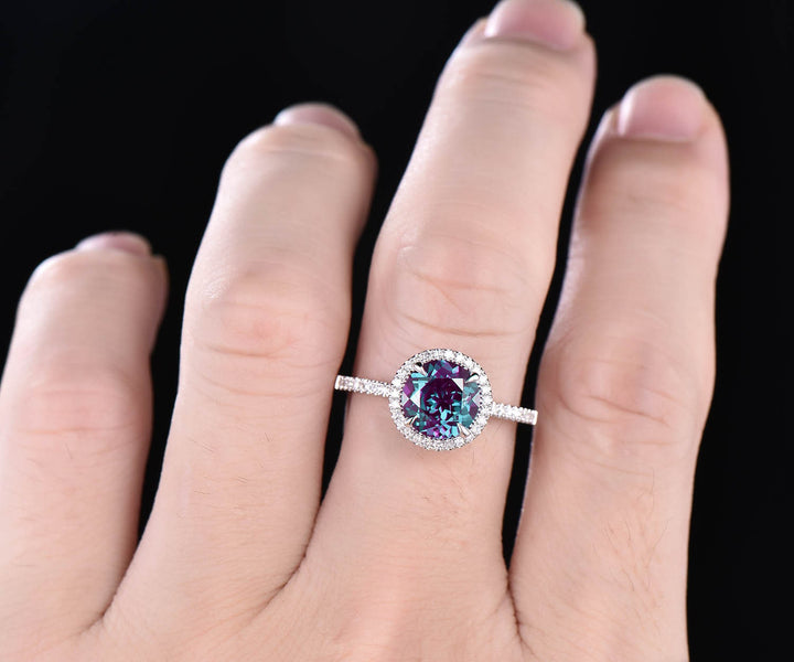 Diamond halo ring unique Alexandrite engagement ring rose gold 8mm round cut Alexandrite ring vintage June birthstone ring anniversary ring