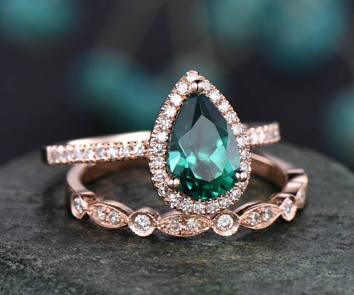 6x9mm pear teardrop emerald engagement ring set rose gold 2pcs emerald ring vintage May birthstone graduation  anniversary gift halo ring