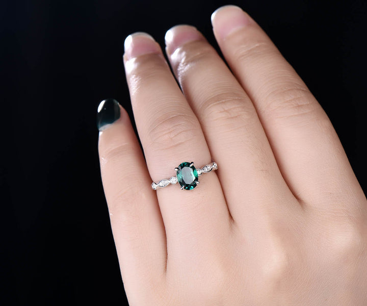 Green emerald engagement ring solid 14k rose gold 6x8mm oval cut emerald ring gold vintage art deco diamond ring bridal wedding promise ring