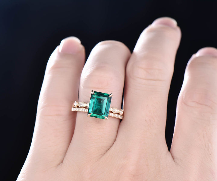 2pc emerald engagement ring set 14k yellow gold real diamond ring 8x10mm emerald ring gold stacking matching wedding bridal promise ring set