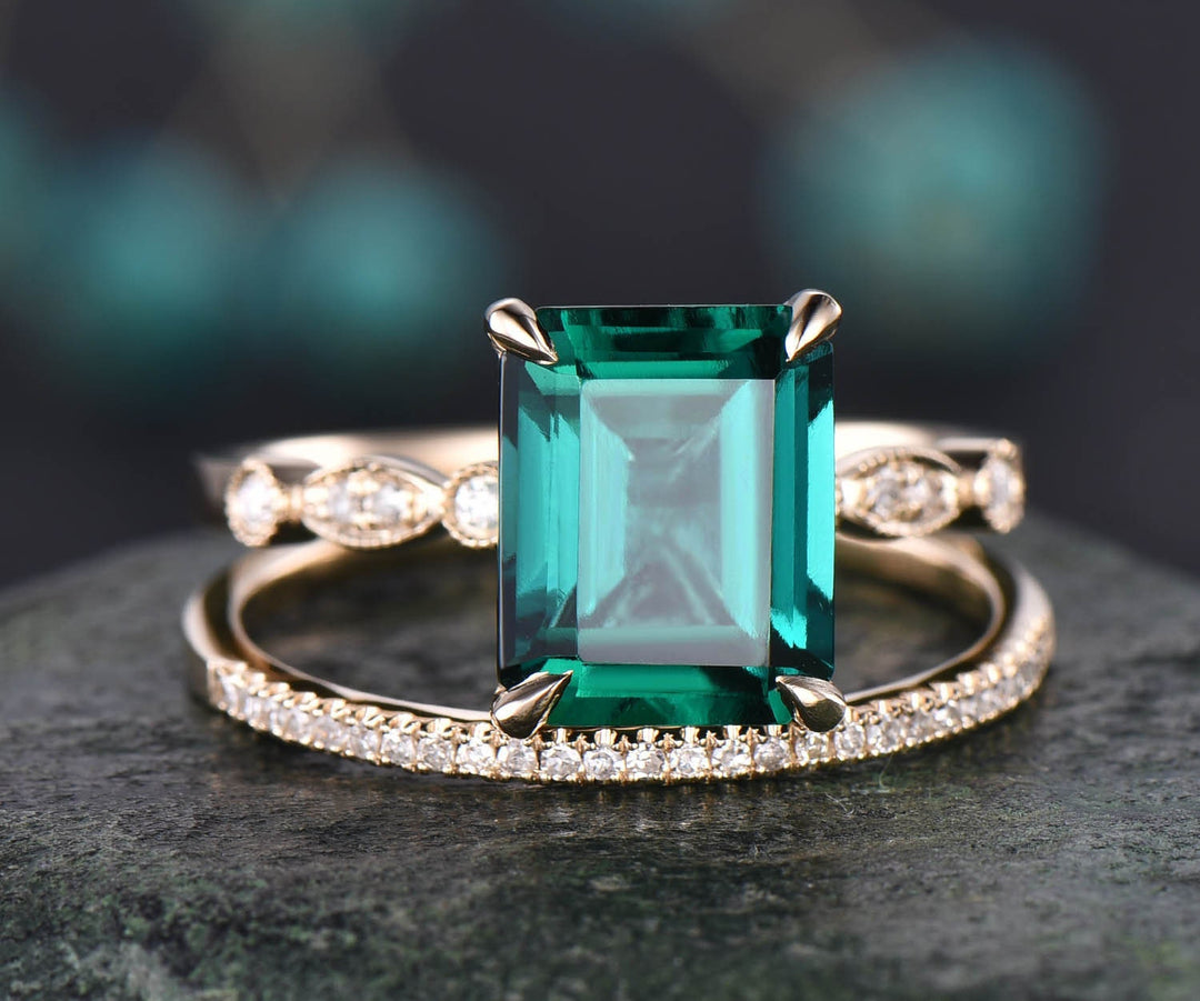 2pc emerald engagement ring set 14k yellow gold real diamond ring 8x10mm emerald ring gold stacking matching wedding bridal promise ring set