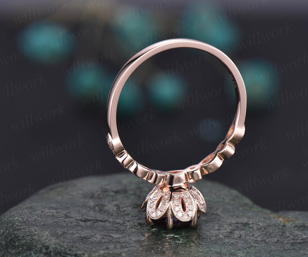 Round Alexandrite wedding set vintage Alexandrite engagement ring set 14k rose gold flower double halo diamond ring unique promise ring set