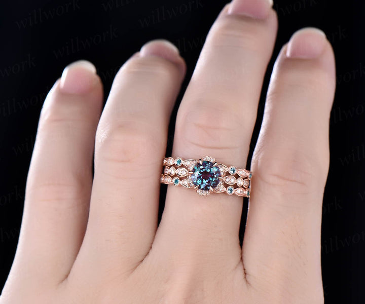 Round Alexandrite wedding set vintage Alexandrite engagement ring set 14k rose gold flower double halo diamond ring unique promise ring set