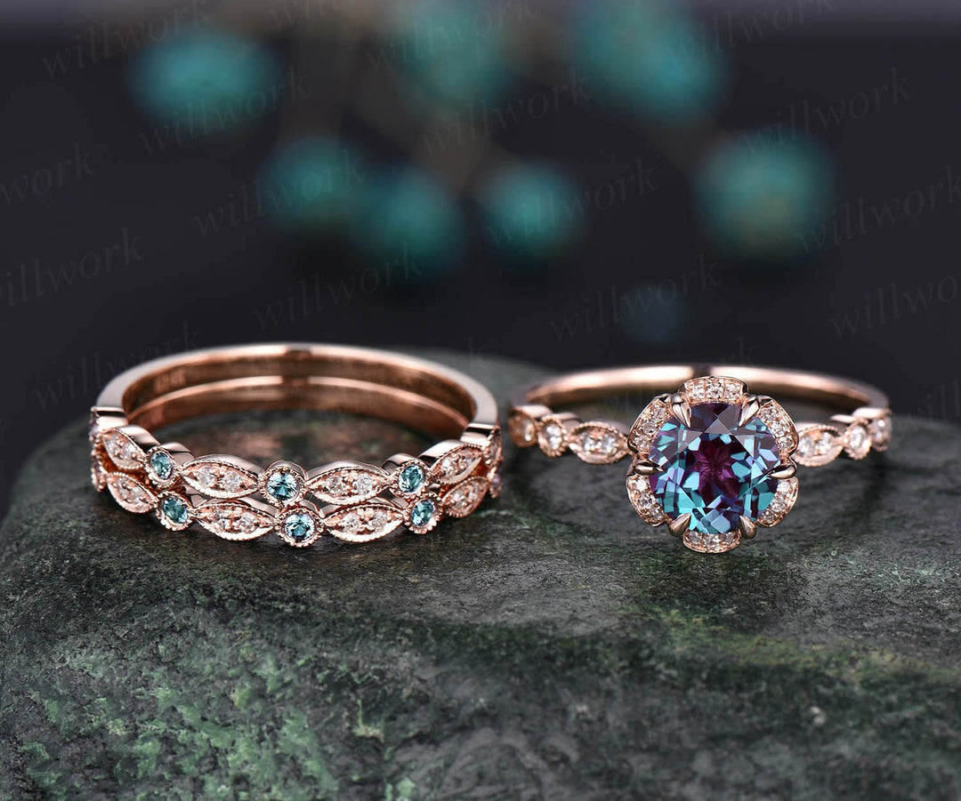 Round Alexandrite wedding set vintage Alexandrite engagement ring set 14k rose gold flower double halo diamond ring unique promise ring set