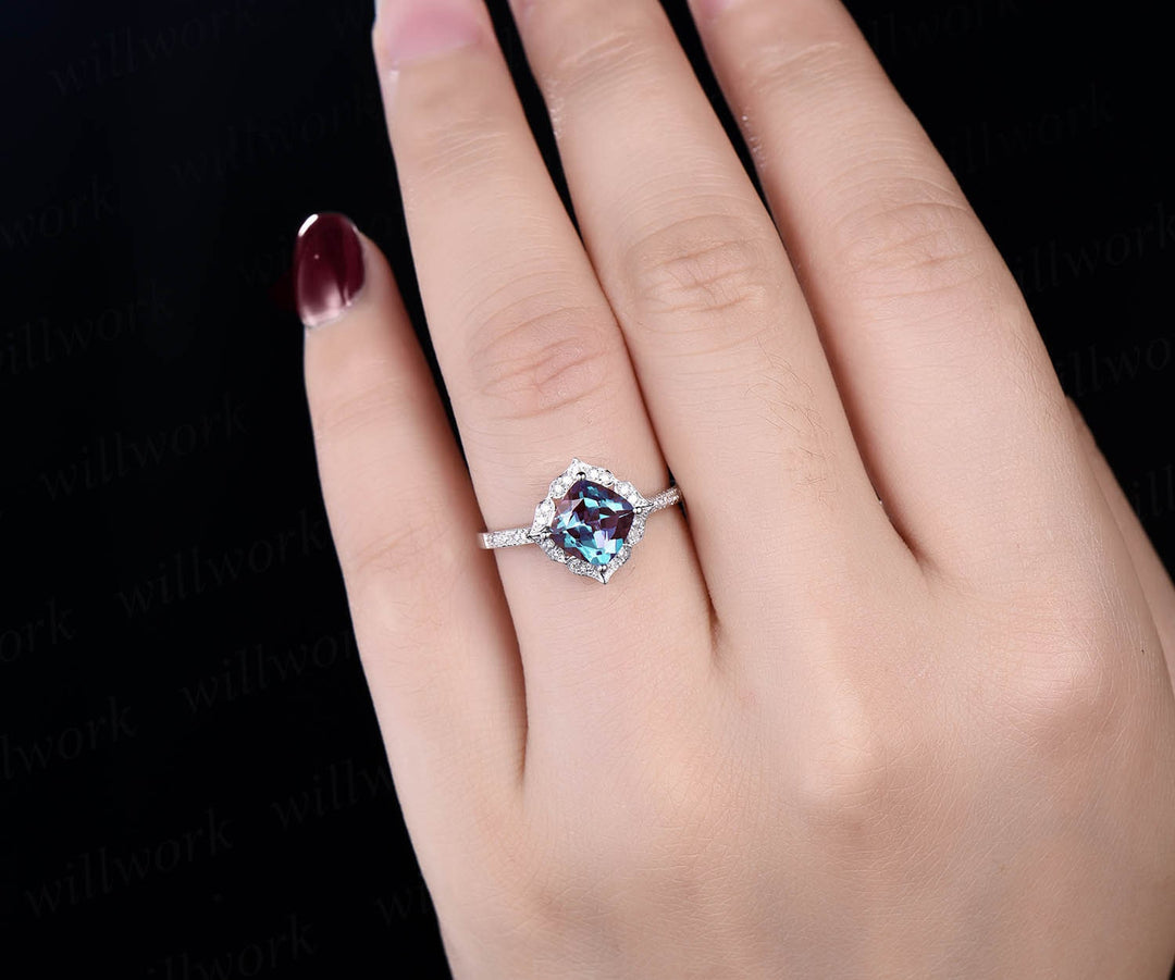 Flower cluster diamond halo ring vintage unique cushion cut Alexandrite engagement ring rose gold June birthstone wedding ring jewelry gift