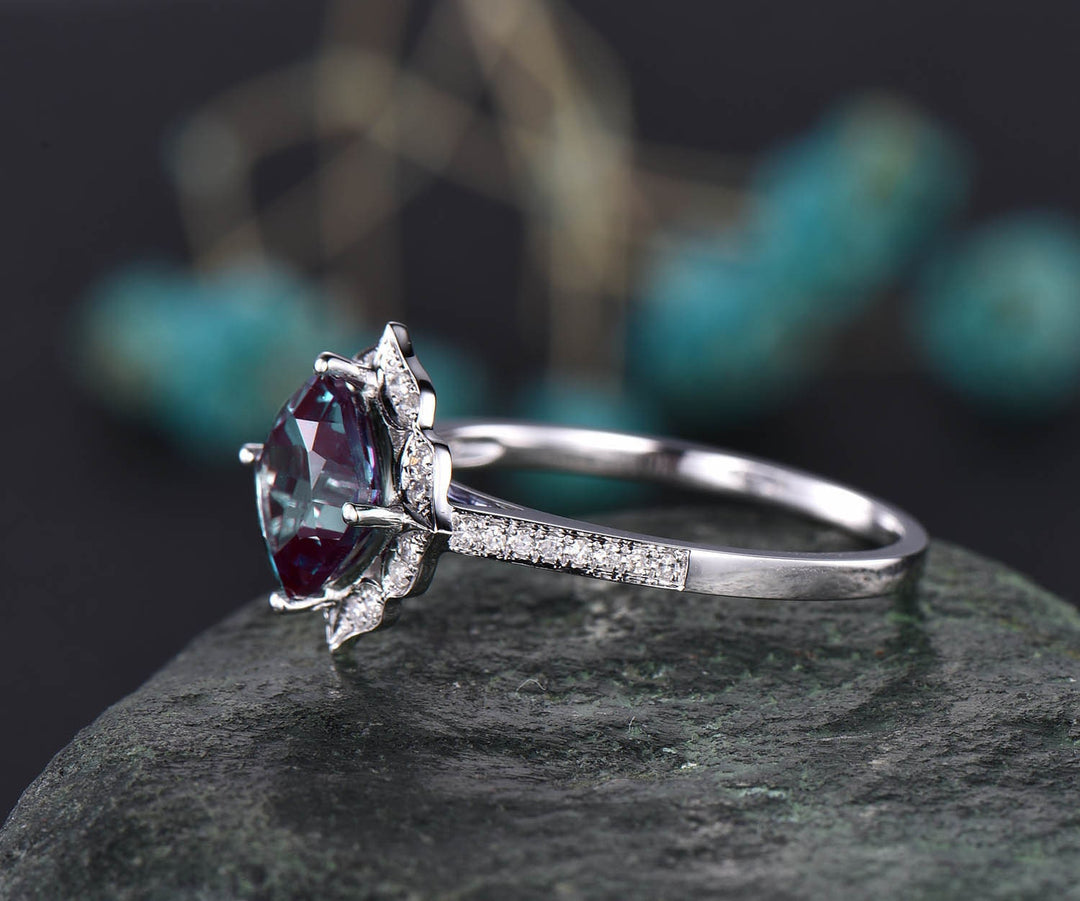 Flower cluster diamond halo ring vintage unique cushion cut Alexandrite engagement ring rose gold June birthstone wedding ring jewelry gift