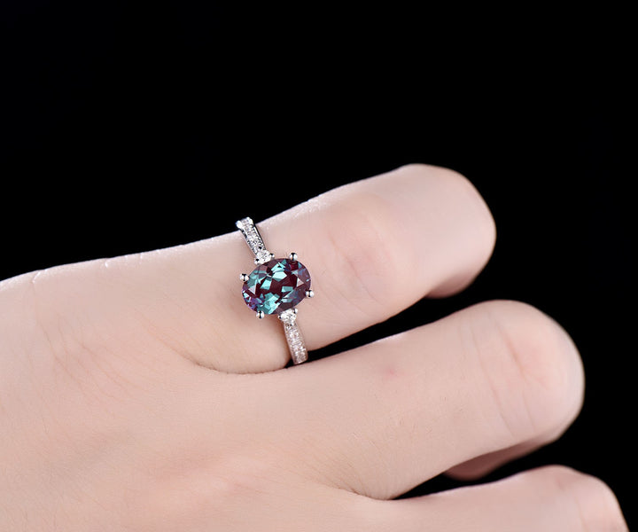 Antique vintage unique Three stone engagement ring oval Alexandrite engagement ring 14k white gold June birthstone moissanite ring jewelry