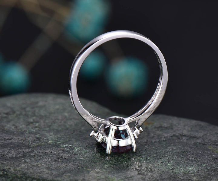 Antique vintage unique Three stone engagement ring oval Alexandrite engagement ring 14k white gold June birthstone moissanite ring jewelry