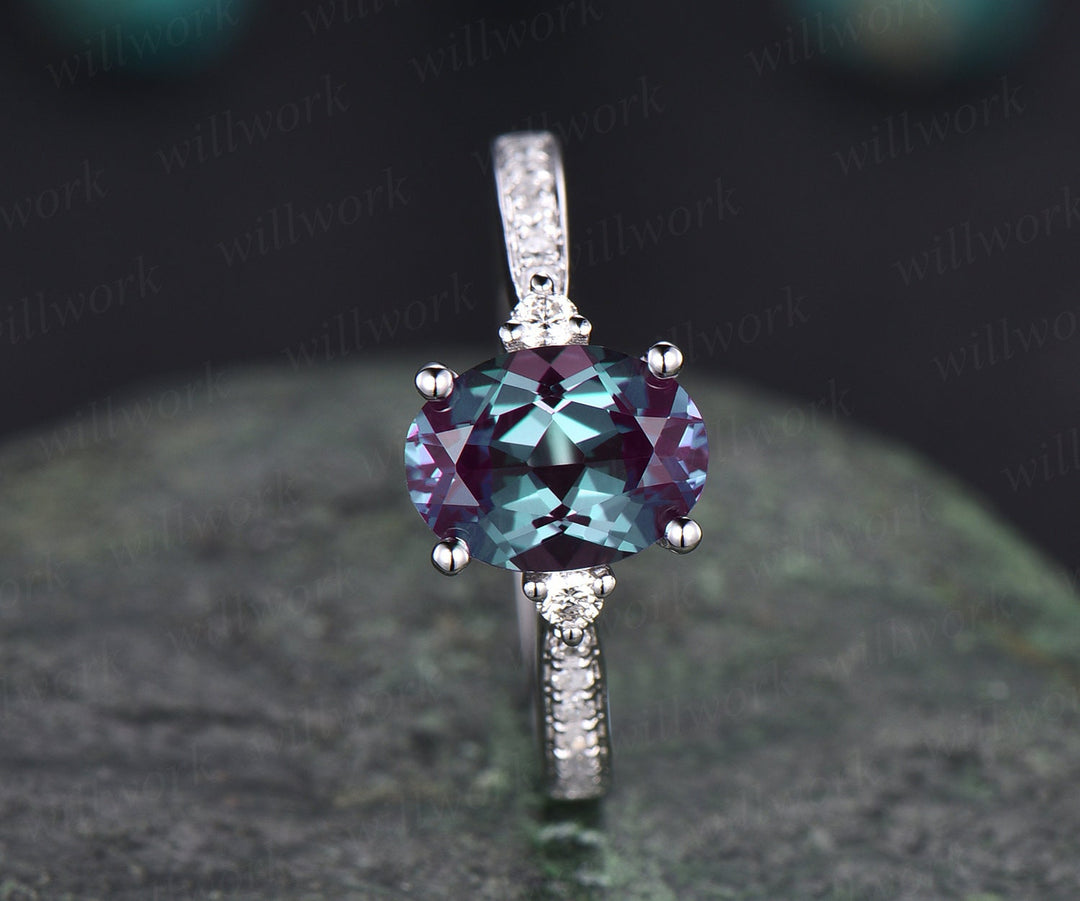 Antique vintage unique Three stone engagement ring oval Alexandrite engagement ring 14k white gold June birthstone moissanite ring jewelry
