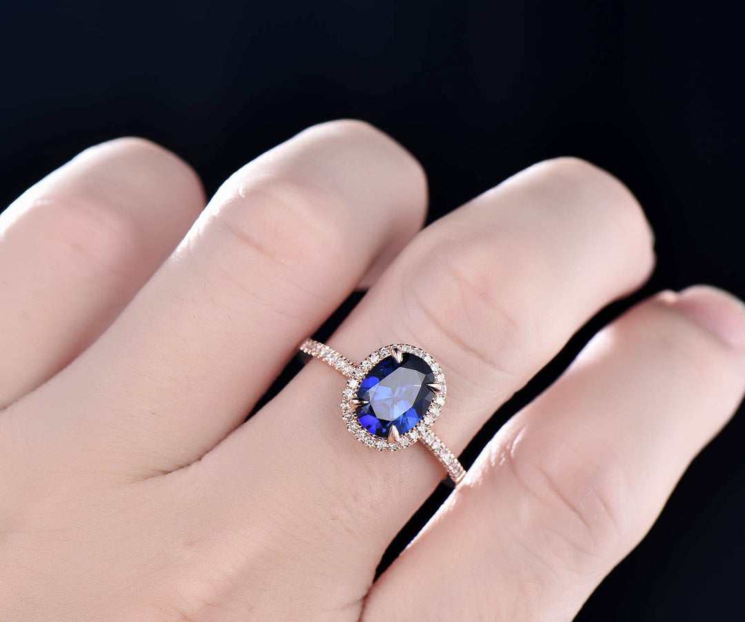7x9mm oval blue sapphire engagement ring 14k rose gold real diamond ring Lab sapphire ring September birthstone ring anniversary gift