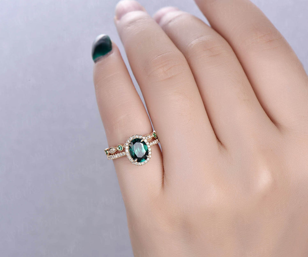 Emerald ring for women halo Milgrain art deco vintage emerald engagement ring set rose gold diamond ring set unique wedding ring set gift