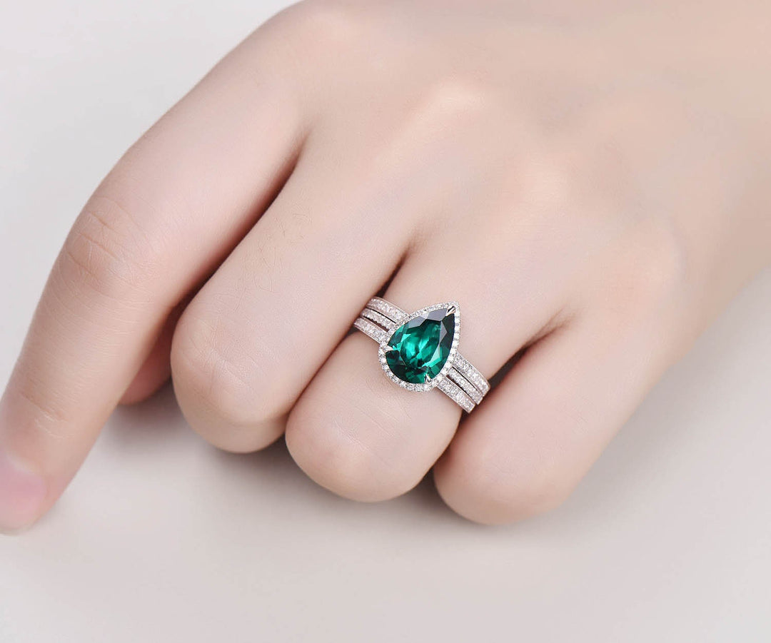 8x12mm pear emerald engagement ring set vintage 14k rose gold ring set diamond halo ring unique bridal ring set wedding promise ring set