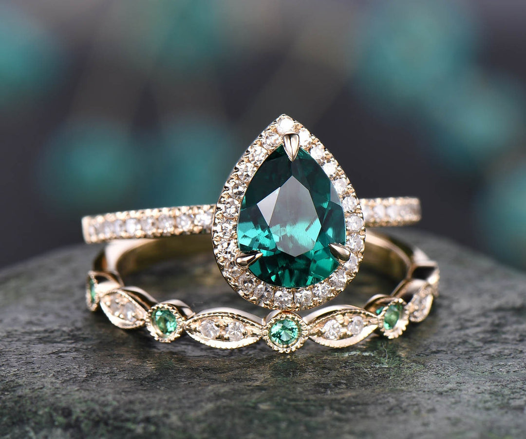 2pcs emerald bridal set unique vintage engagement ring pear emerald engagement ring set rose gold natural emerald wedding ring band jewelry