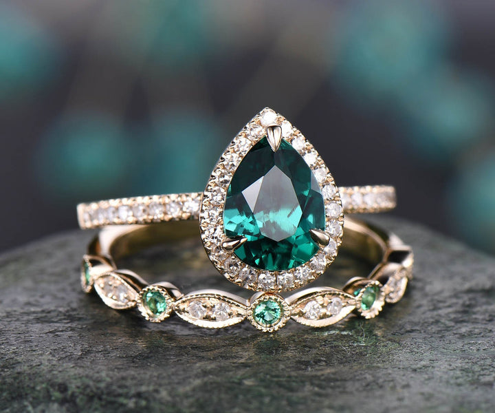 2pcs emerald bridal set unique vintage engagement ring pear emerald engagement ring set rose gold natural emerald wedding ring band jewelry