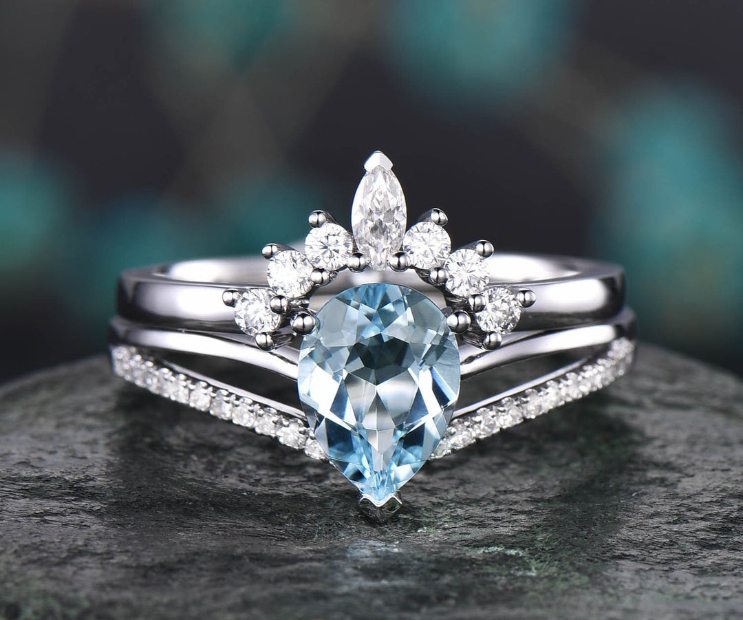 2pc aquamarine engagement ring set rose gold diamond ring split shank moissanite band vintage stack crown wedding bridal promise ring set