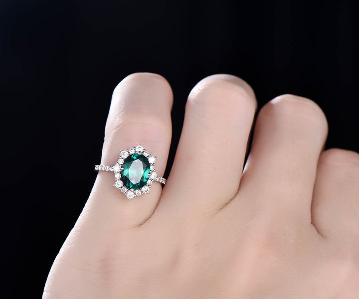 7x9mm oval cut green emerald engagement ring rose gold moissanite halo ring May birthstone emerald bridal wedding anniversary ring antique