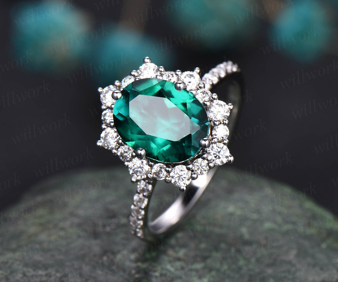7x9mm oval cut green emerald engagement ring rose gold moissanite halo ring May birthstone emerald bridal wedding anniversary ring antique