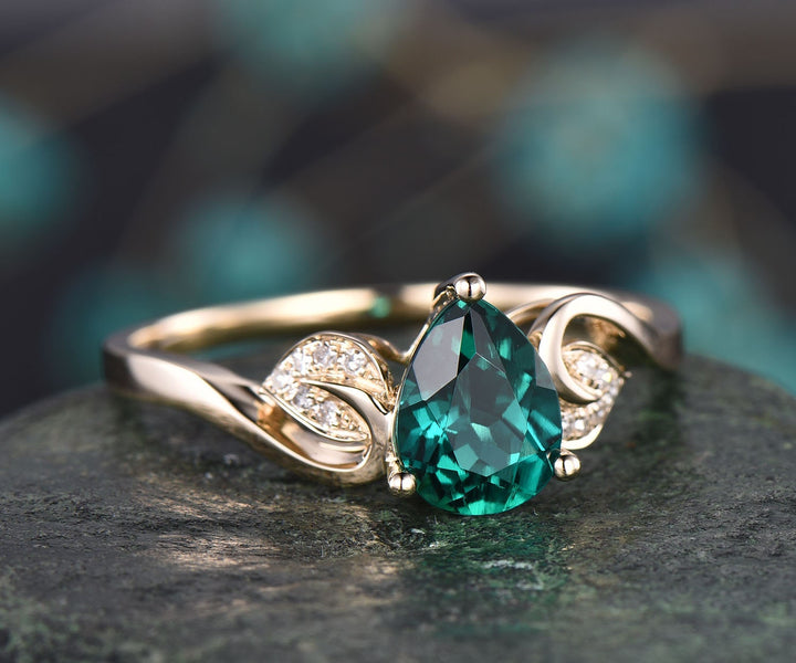 Flower antique emerald ring vintage pear cut emerald engagement ring rose gold real diamond May birthstone wedding women anniversary ring