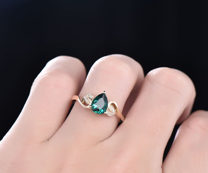Flower antique emerald ring vintage pear cut emerald engagement ring rose gold real diamond May birthstone wedding women anniversary ring