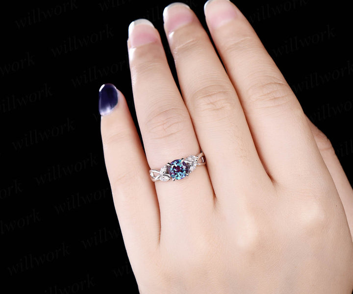 Marquise moissanite ring round Color change Alexandrite engagement ring white rose gold art deco unique antique engagement ring jewelry gift