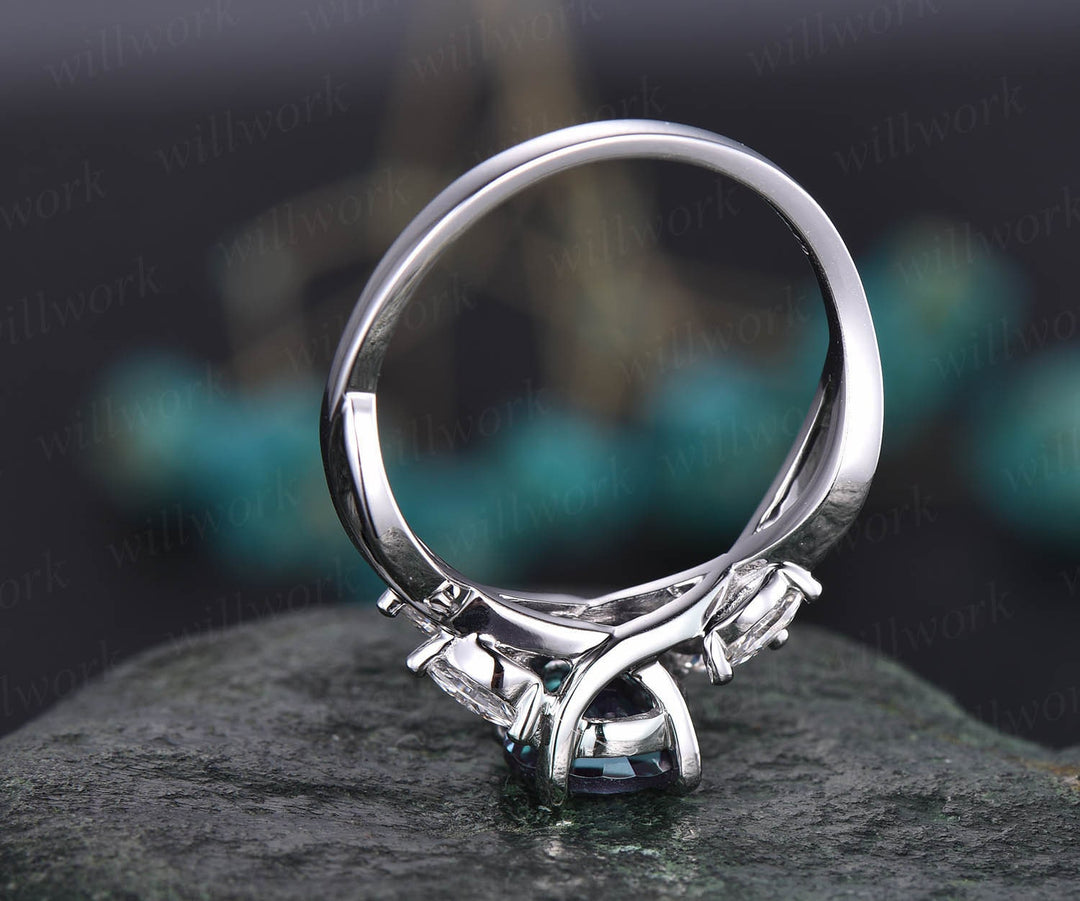 Marquise moissanite ring round Color change Alexandrite engagement ring white rose gold art deco unique antique engagement ring jewelry gift