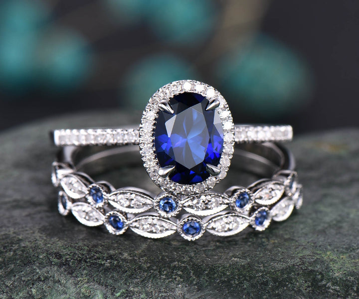 3pcs blue sapphire ring vintage sapphire engagement ring set rose gold for women diamond halo natural sapphire wedding band bridal ring set