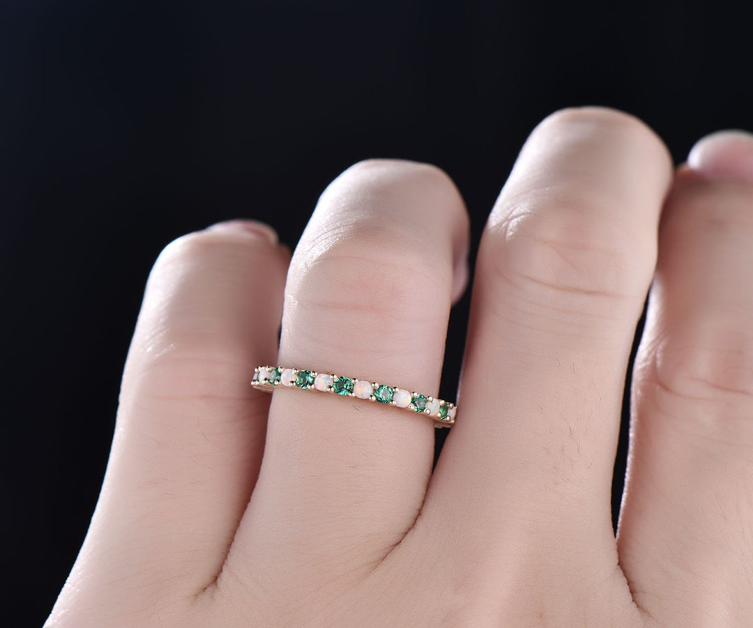 Opal ring vintage emerald ring gold full eternity opal emerald wedding ring band May birthstone matching stacking ring unique jewelry gift