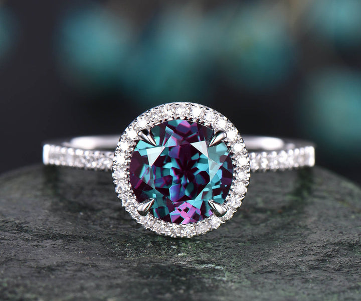 Diamond halo ring Alexandrite engagement ring rose gold 8mm round cut Alexandrite ring gold vintage June birthstone ring anniversary ring